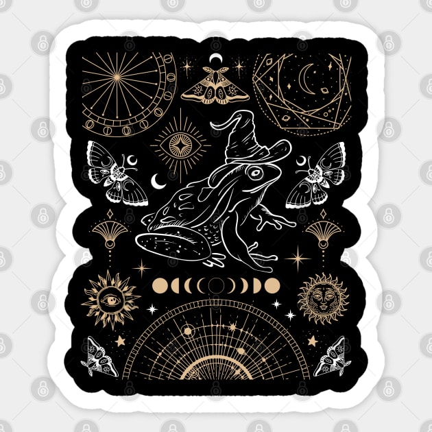 Witchy Frog Under Moon Phases, The Magician with Wizard Hat, Dark Academia Sticker by Ministry Of Frogs